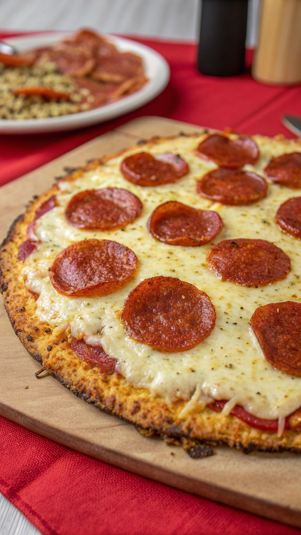 Pepperoni cauliflower crust pizza with melted cheese and pepperoni slices on a wooden board.