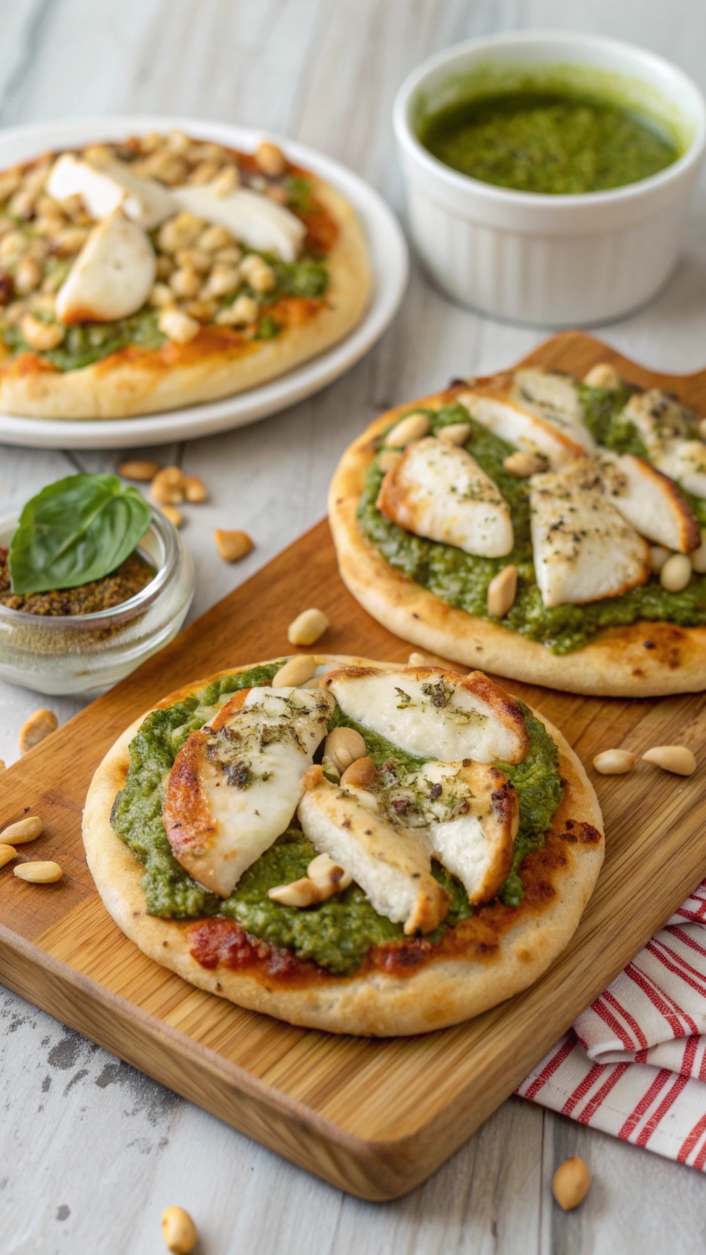 Pesto Chicken Mini Pizzas on a wooden board with pesto sauce in the background