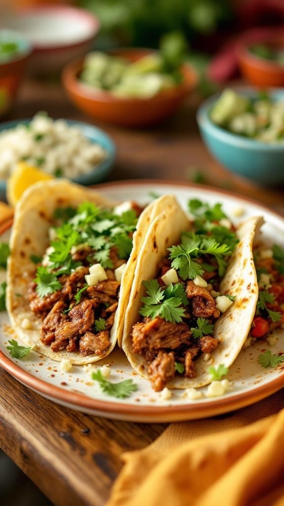 Pork carnitas tacos topped with cilantro and onions on a plate with colorful bowls of toppings in the background.