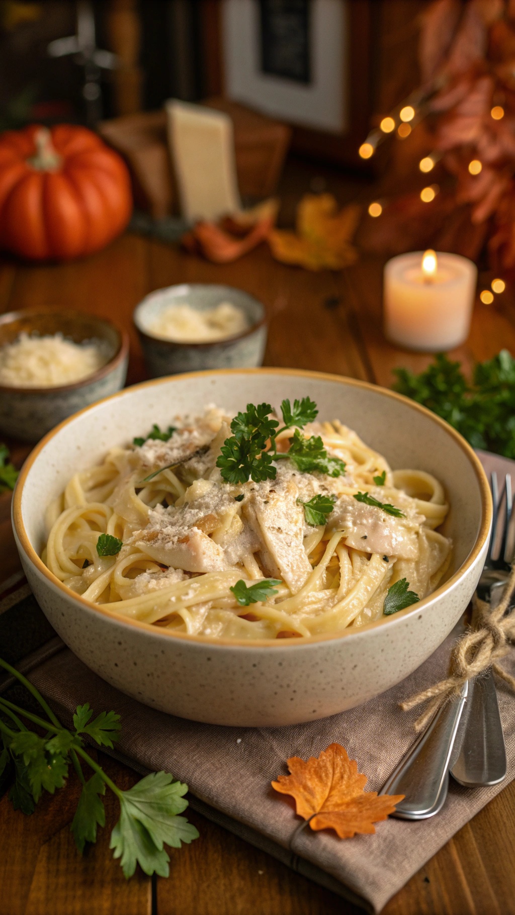 A bowl of Chicken Alfredo with pasta, garnished with parsley and cheese, set in a cozy fall-themed background.
