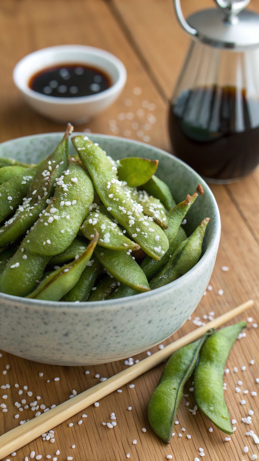 A bowl of seasoned edamame with sea salt and a small dish of soy sauce on the side.