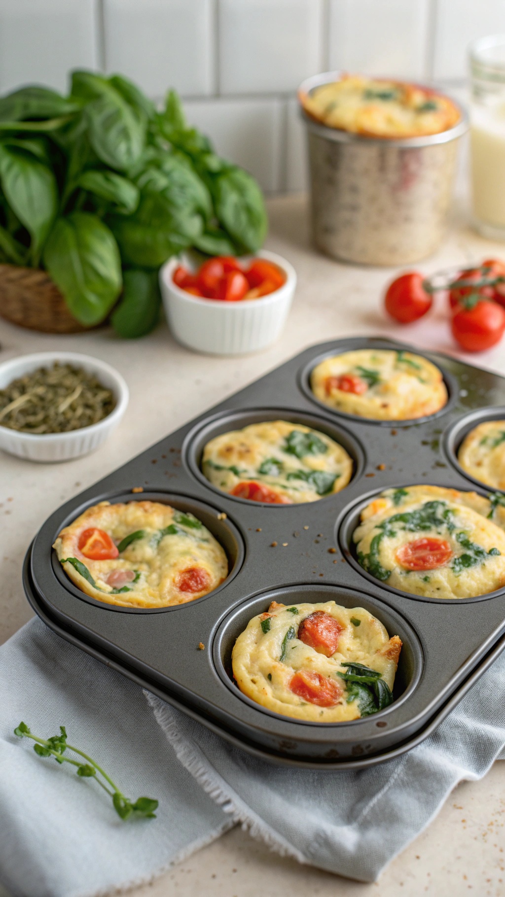 A tray of protein-packed egg muffins with spinach and cherry tomatoes, ready for breakfast.