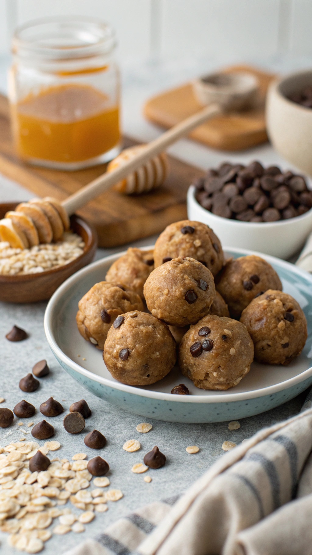 A plate of protein-packed energy balls with honey, oats, and chocolate chips in the background.