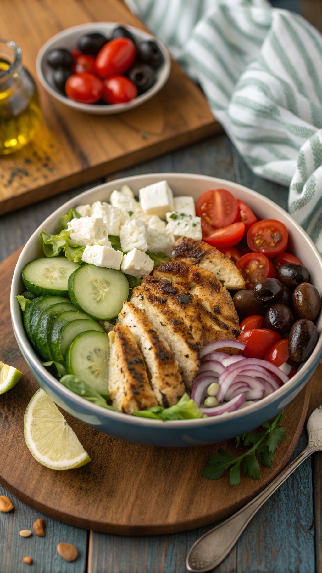 A colorful Greek chicken bowl with grilled chicken, cucumbers, tomatoes, feta cheese, and olives.