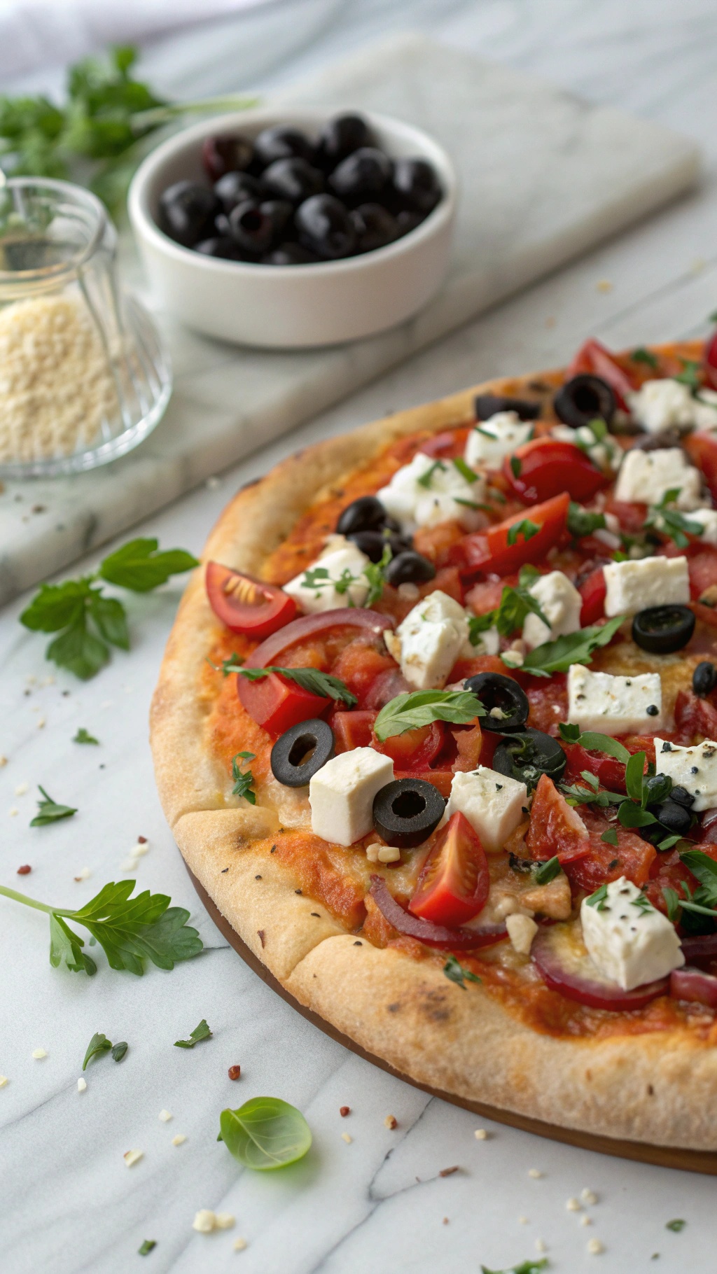 A delicious Greek pizza topped with olives, feta cheese, and fresh herbs on a marble surface.