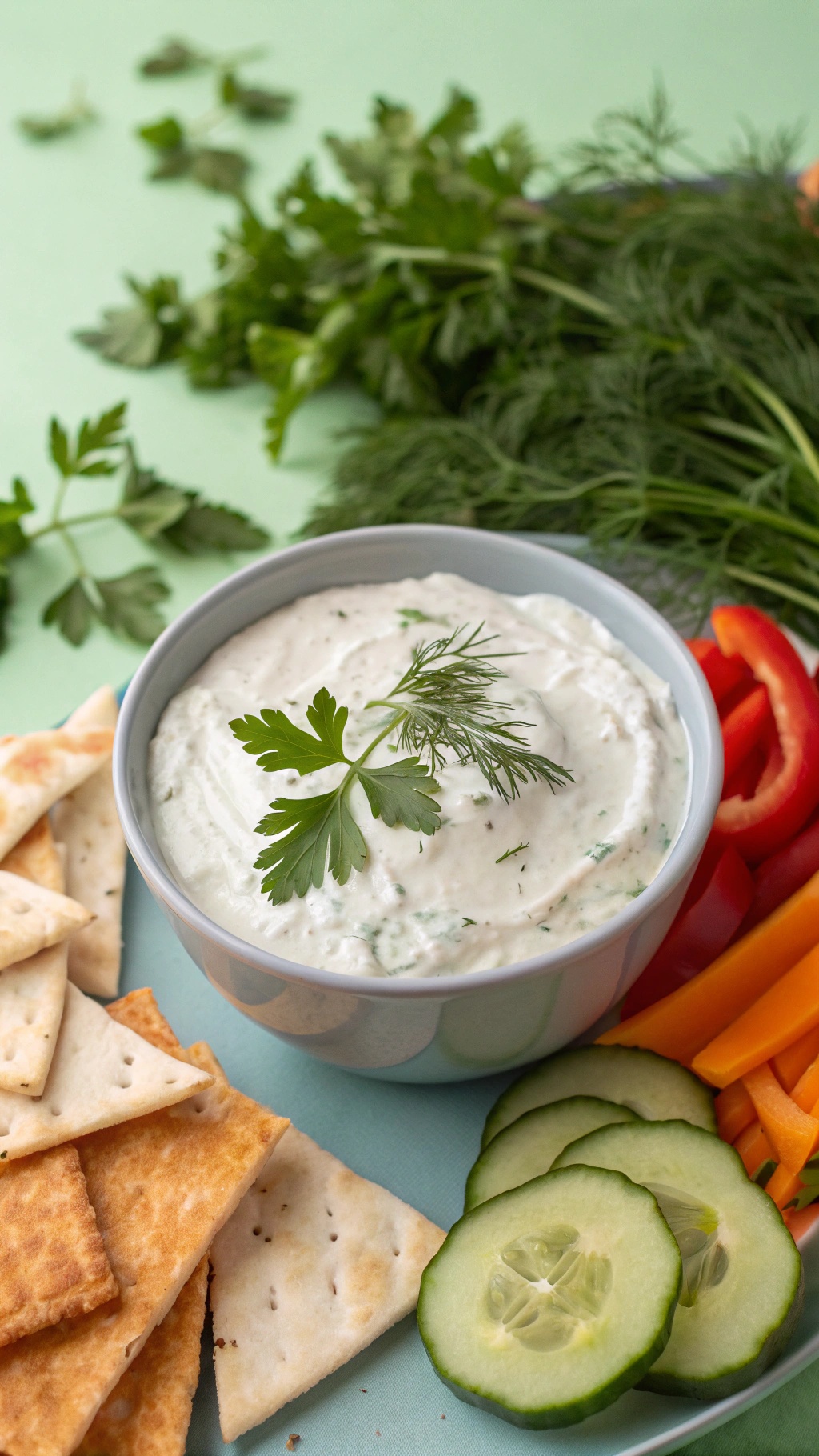 A bowl of Greek yogurt dip garnished with herbs, surrounded by fresh vegetables and crackers.