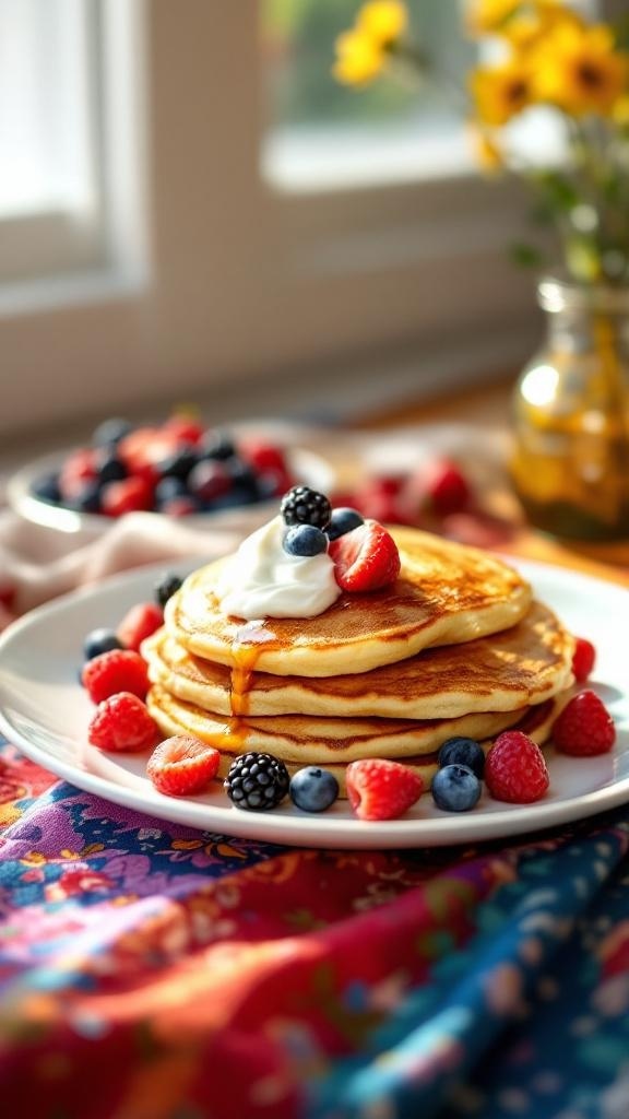 A stack of golden pancakes topped with Greek yogurt and fresh berries on a colorful tablecloth.
