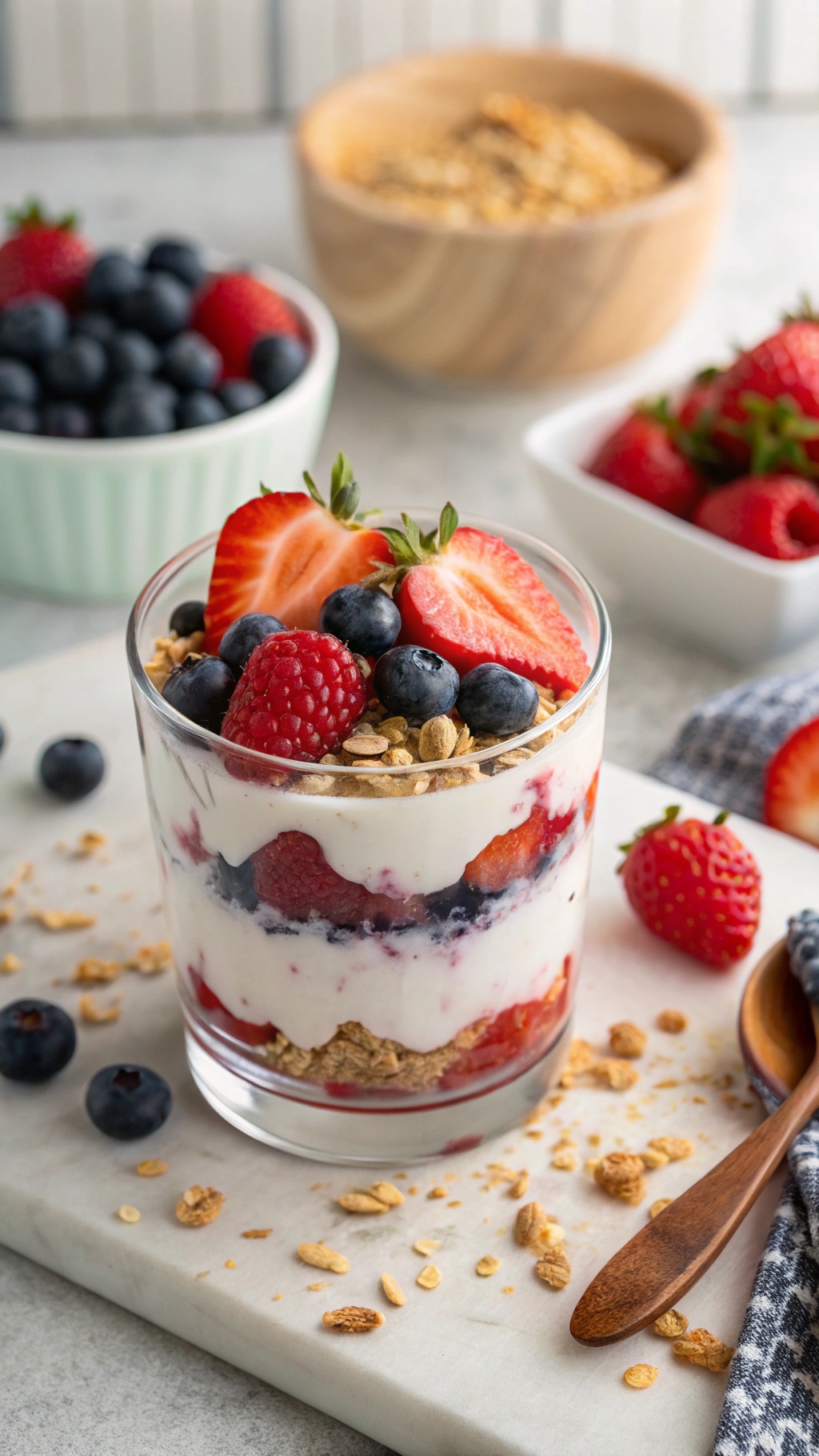 A delicious Greek yogurt parfait with layers of berries and granola in a glass.