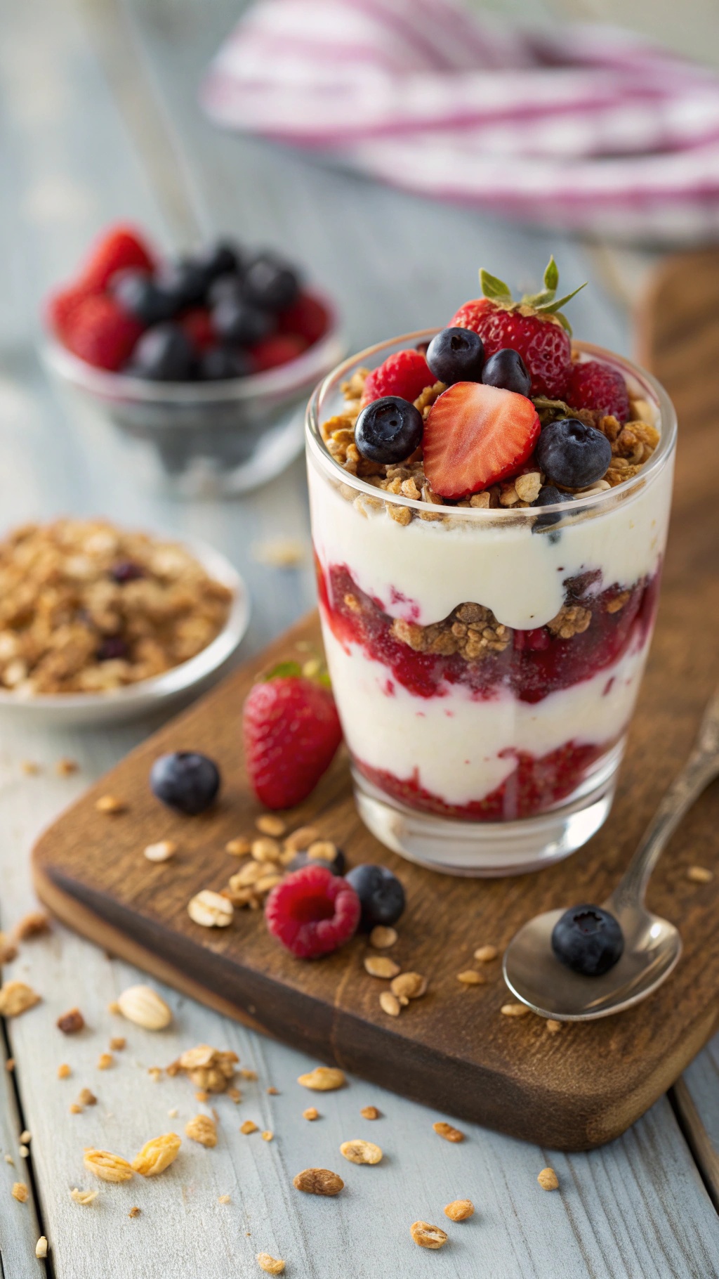 A delicious Greek yogurt parfait with layers of yogurt, berries, and granola in a glass.
