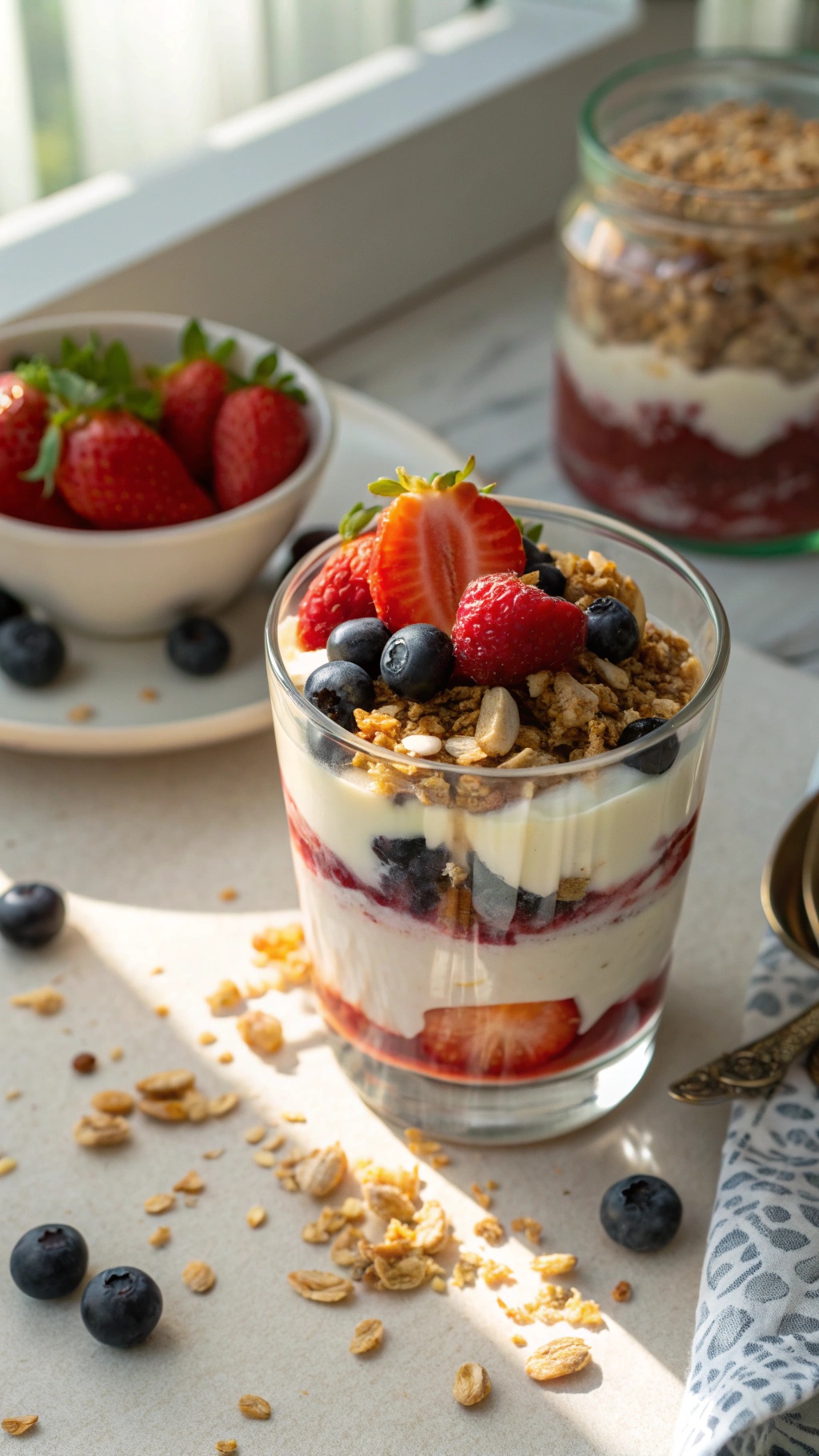 A delicious Greek yogurt parfait with layers of yogurt, berries, and granola.