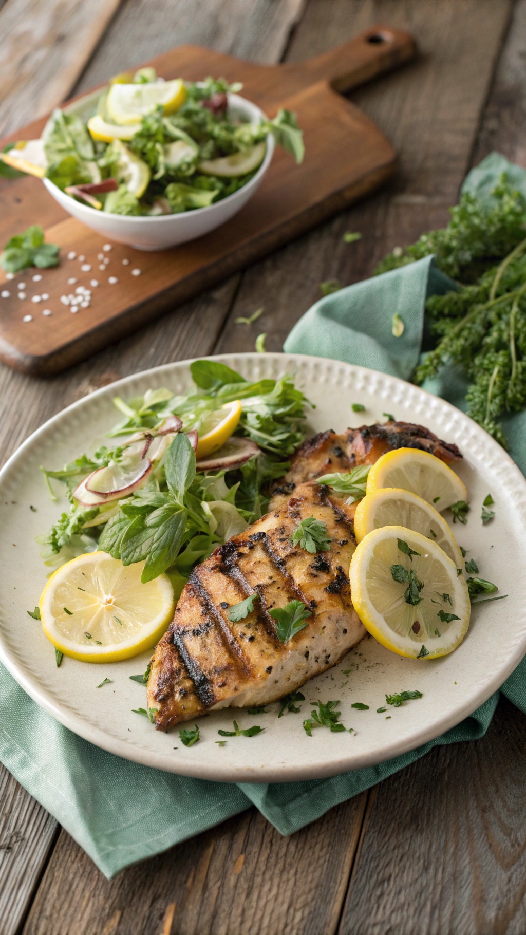 Grilled lemon herb chicken served with a fresh salad and lemon slices.