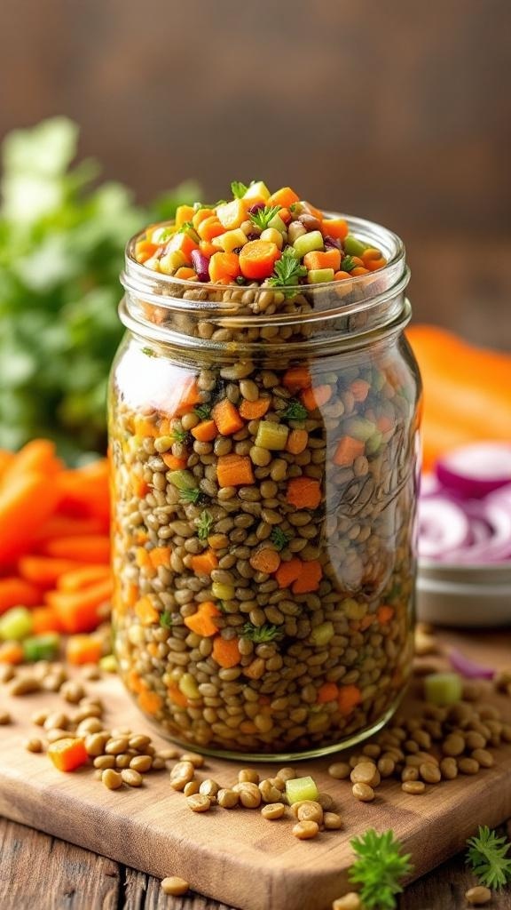 A colorful lentil salad jar filled with lentils, diced vegetables, and topped with fresh parsley.