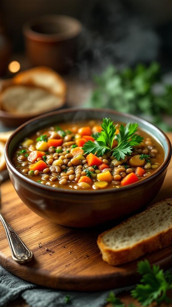 A bowl of protein-packed lentil soup with colorful vegetables and a slice of bread on a wooden table.