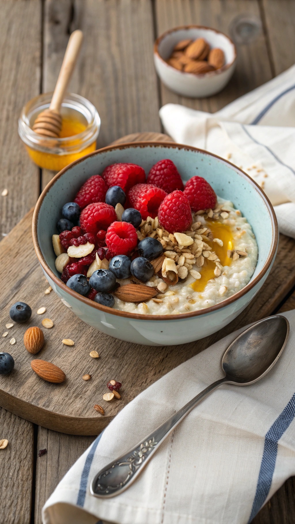 A bowl of overnight oats topped with berries, nuts, and honey on a wooden table.