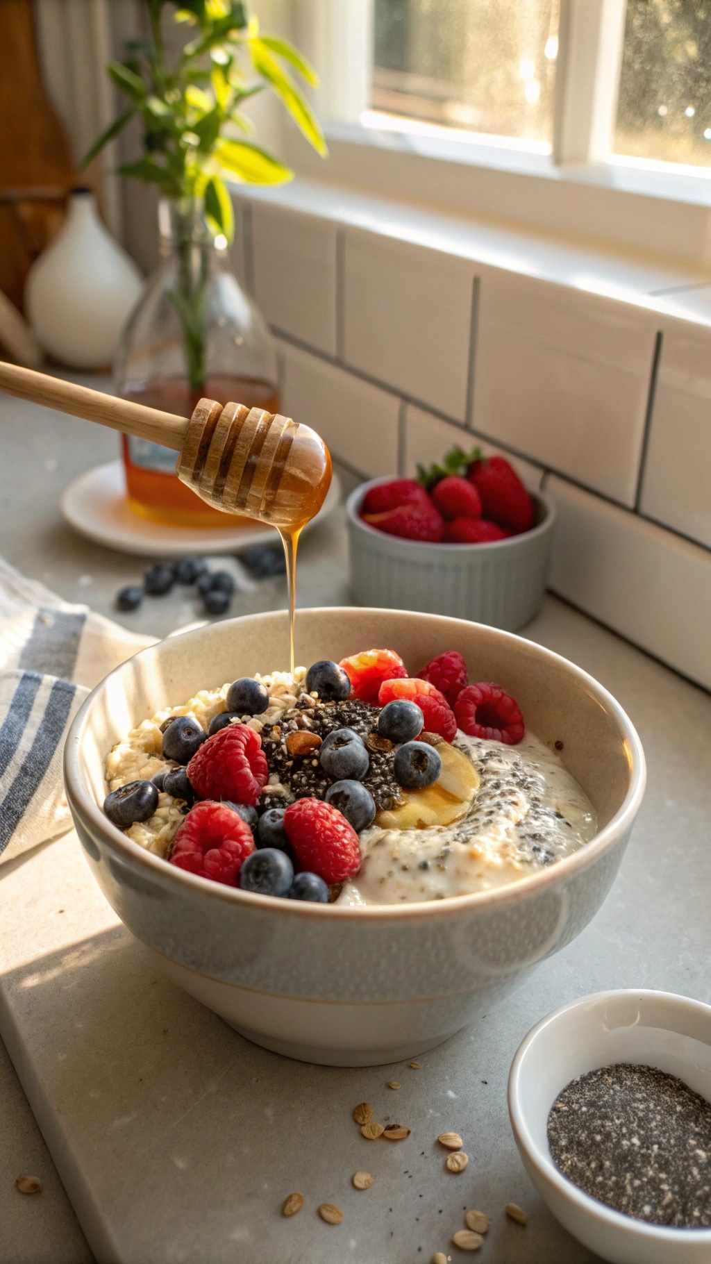 A bowl of overnight oats topped with berries and honey, with a honey dipper beside it.