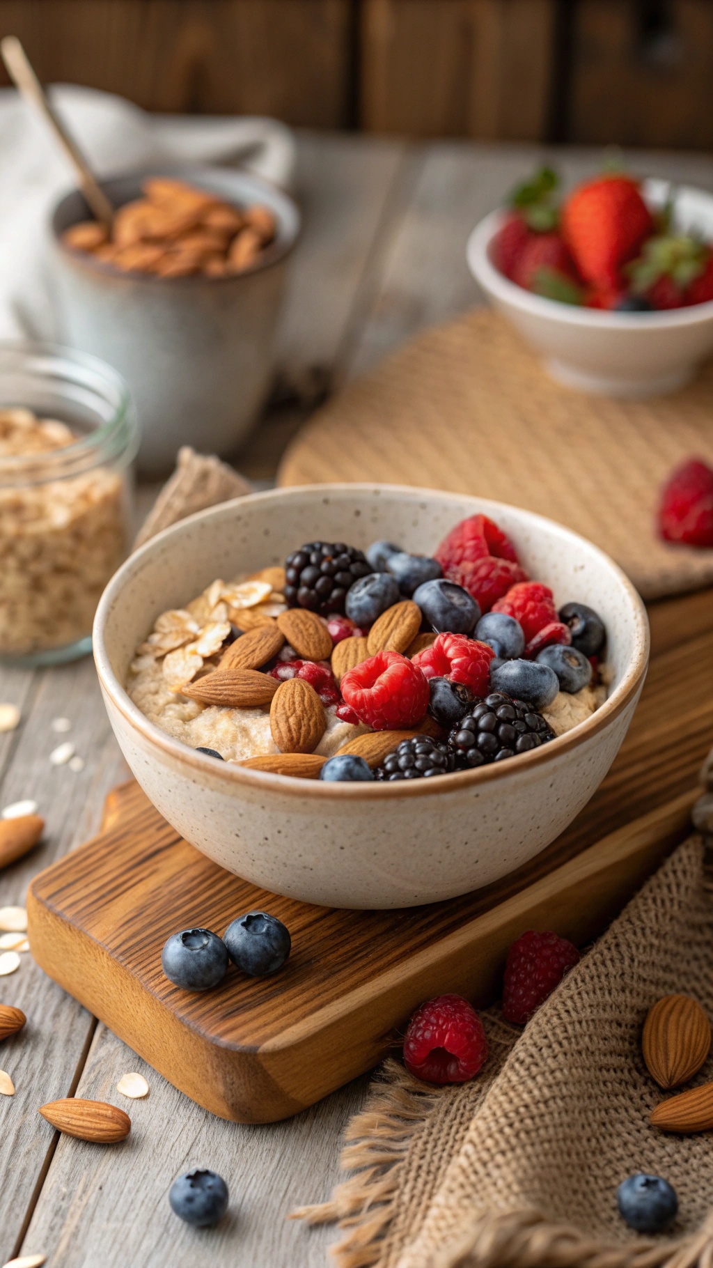 A bowl of overnight oats topped with almonds and mixed berries, surrounded by almonds and oats on a wooden surface.