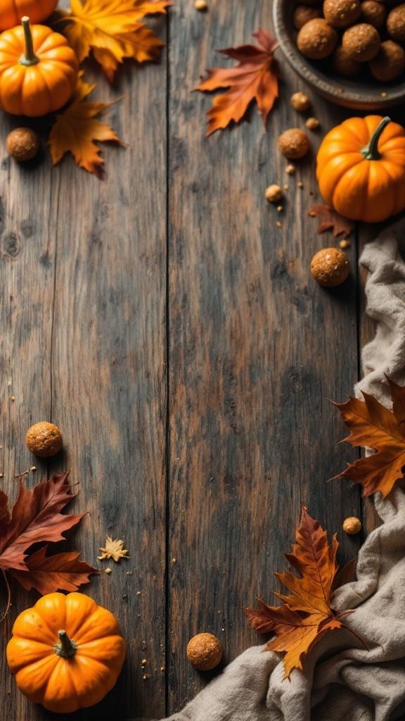 A cozy setting with pumpkins, autumn leaves, and protein balls on a wooden table.