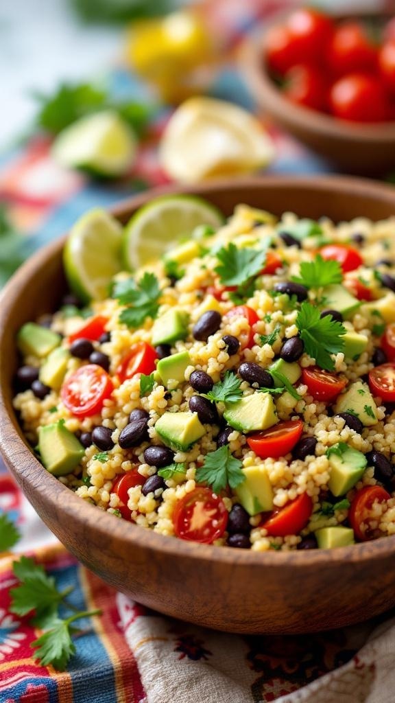 A vibrant quinoa salad with black beans, avocado, cherry tomatoes, and cilantro in a wooden bowl.