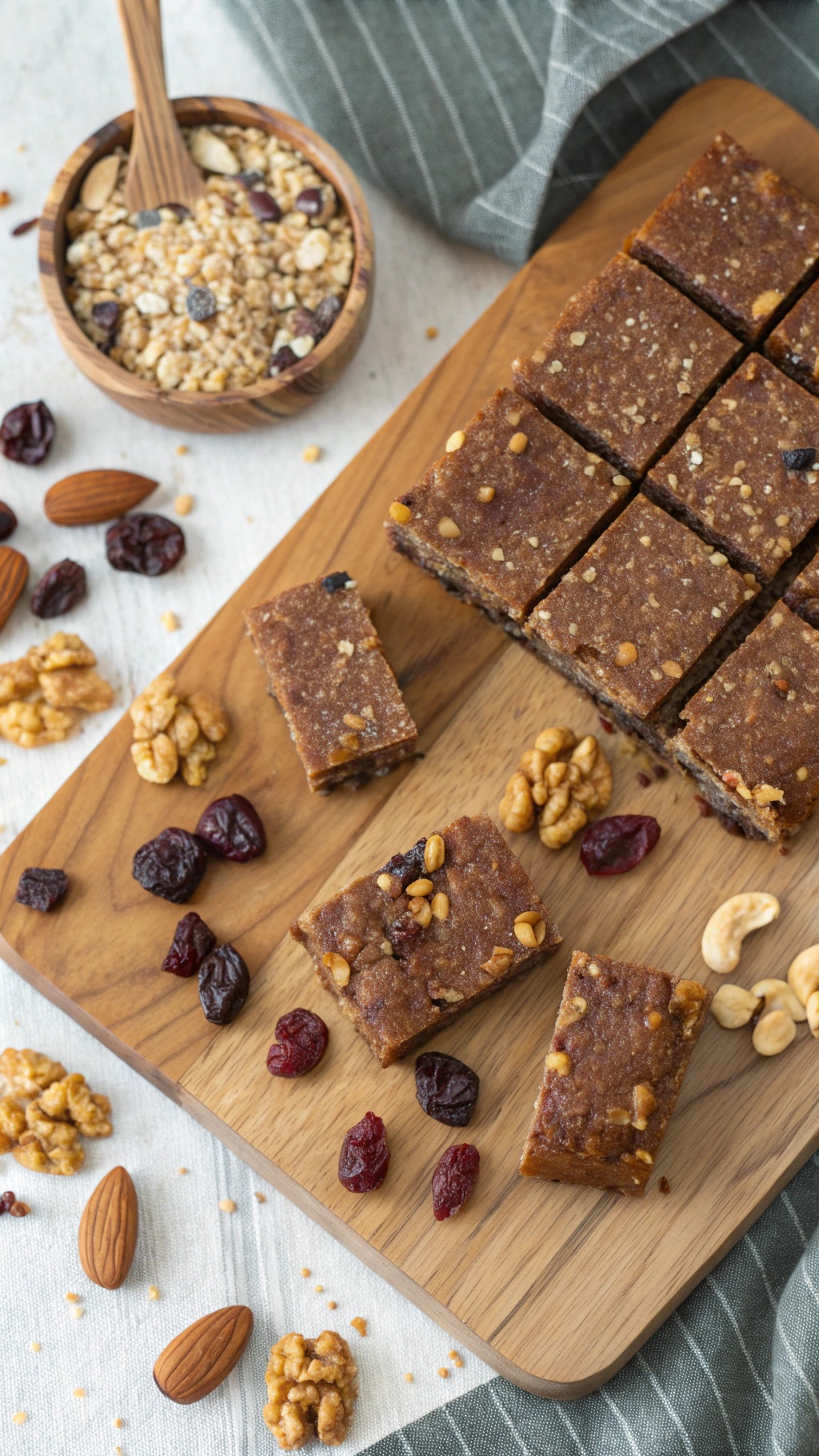 A wooden board with protein snack bars, nuts, and dried fruits scattered around.