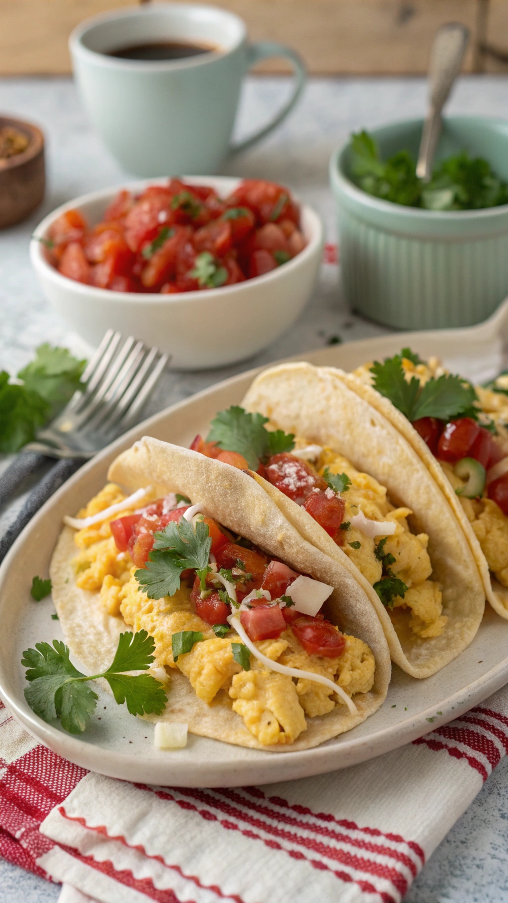 A plate of breakfast tacos filled with scrambled eggs and topped with salsa and cilantro, with a cup of coffee in the background.