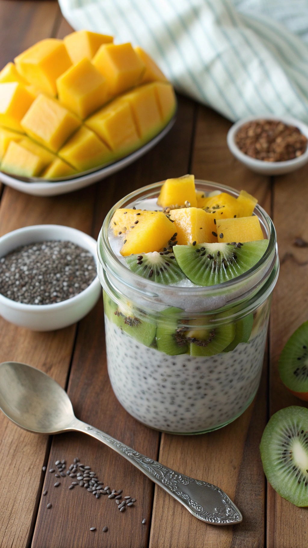 A jar of chia seed pudding topped with mango and kiwi, with chia seeds and sliced fruits on the side.