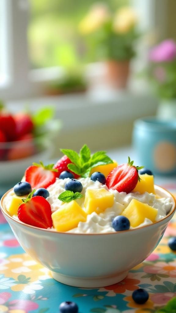 A colorful bowl of cottage cheese topped with strawberries, pineapple, and blueberries, garnished with mint leaves.