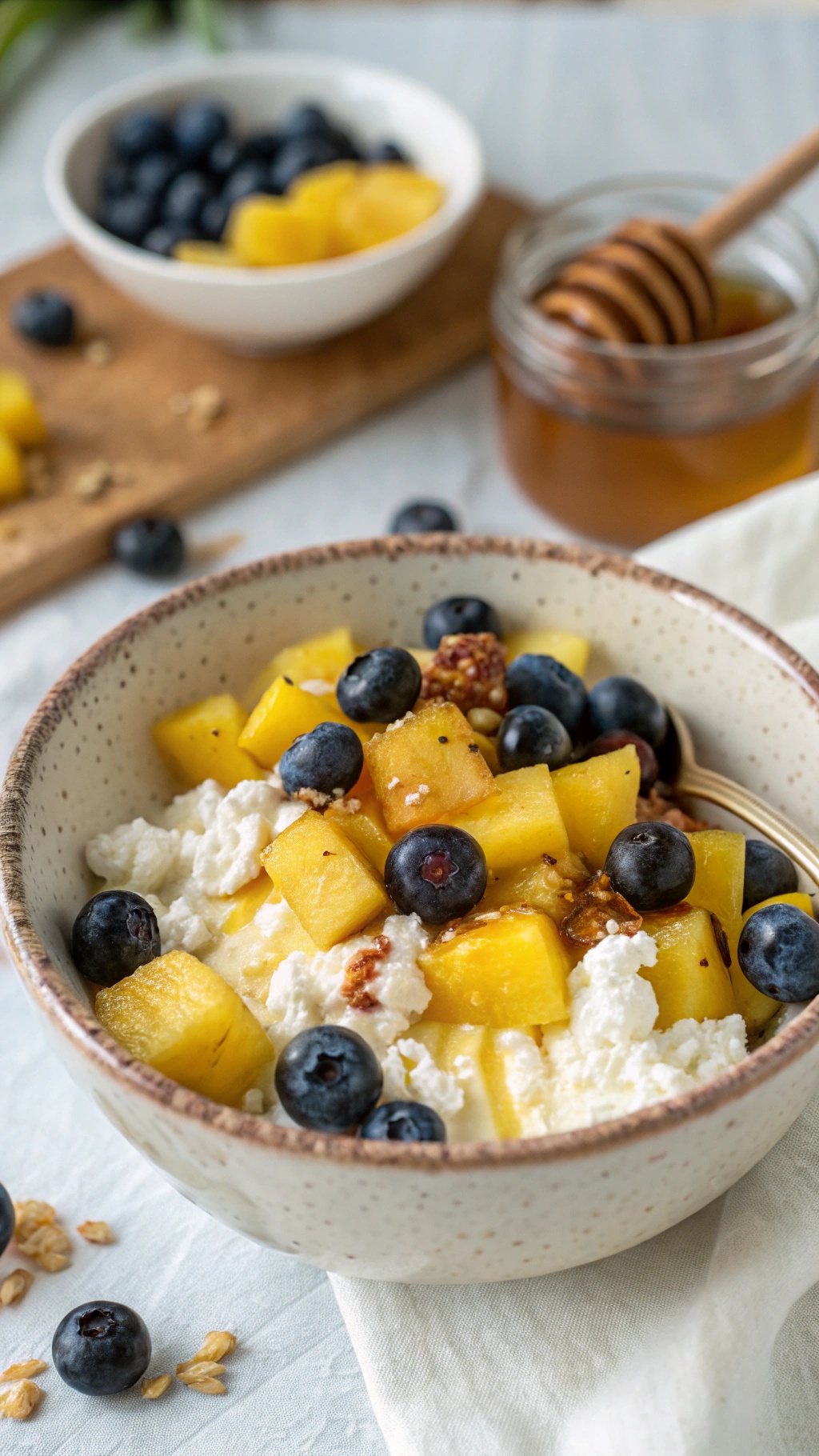 A bowl of cottage cheese topped with mango and blueberries, with honey and granola on the side.