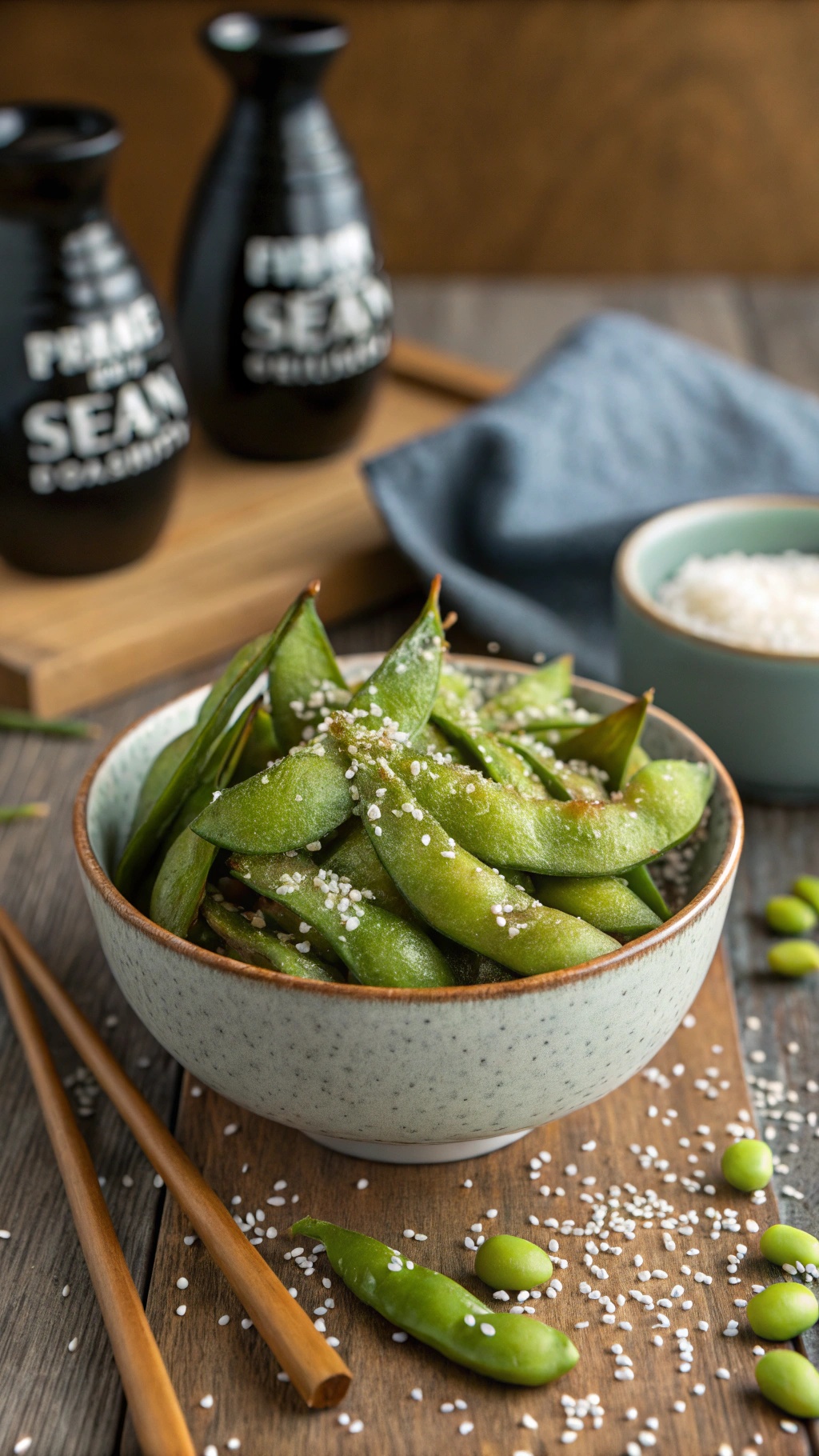 A bowl of edamame sprinkled with sesame seeds, chopsticks, and a small dish of salt on a wooden table.