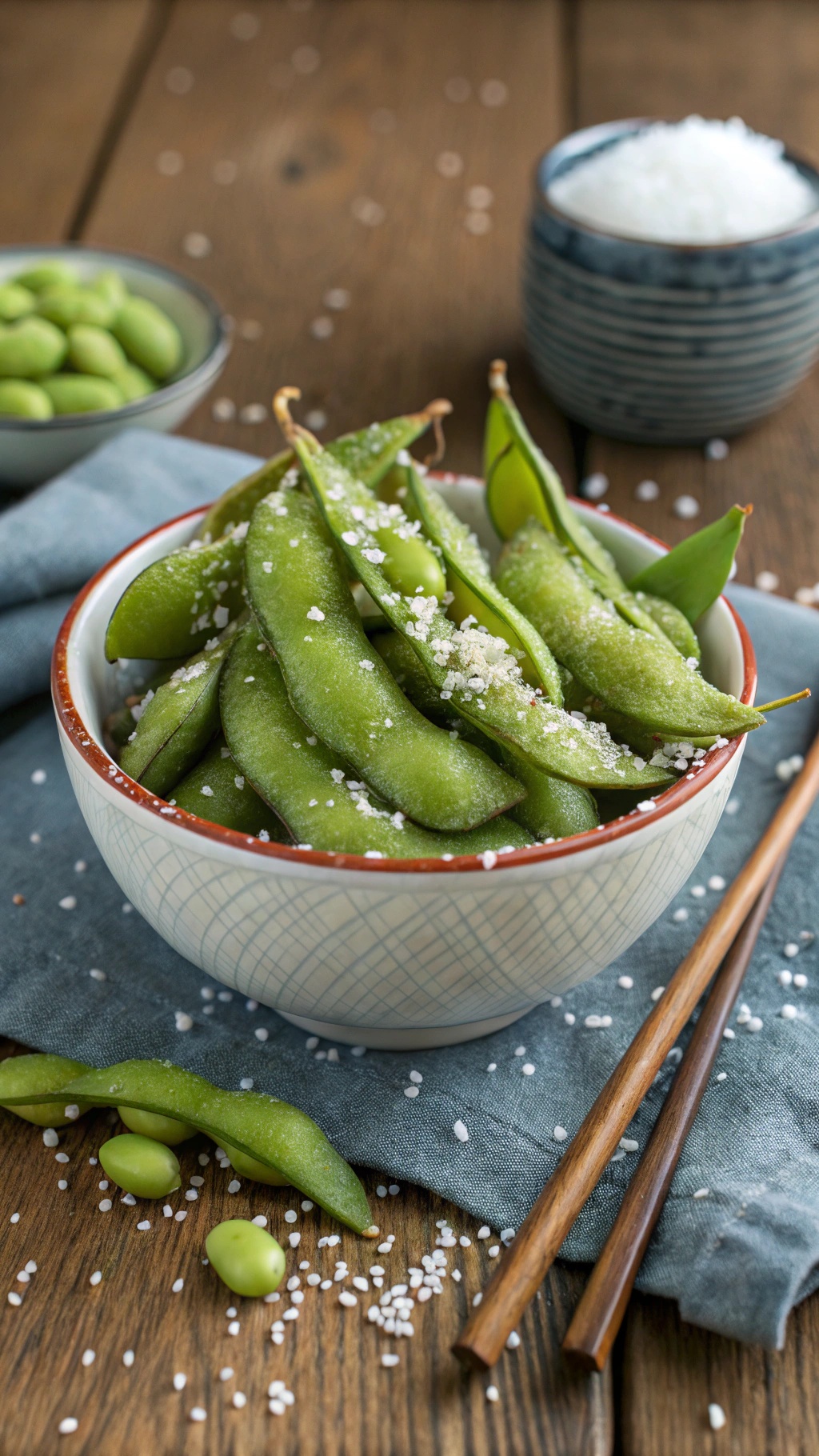 A bowl of protein-rich edamame sprinkled with sea salt, surrounded by additional edamame and a small bowl of sea salt.