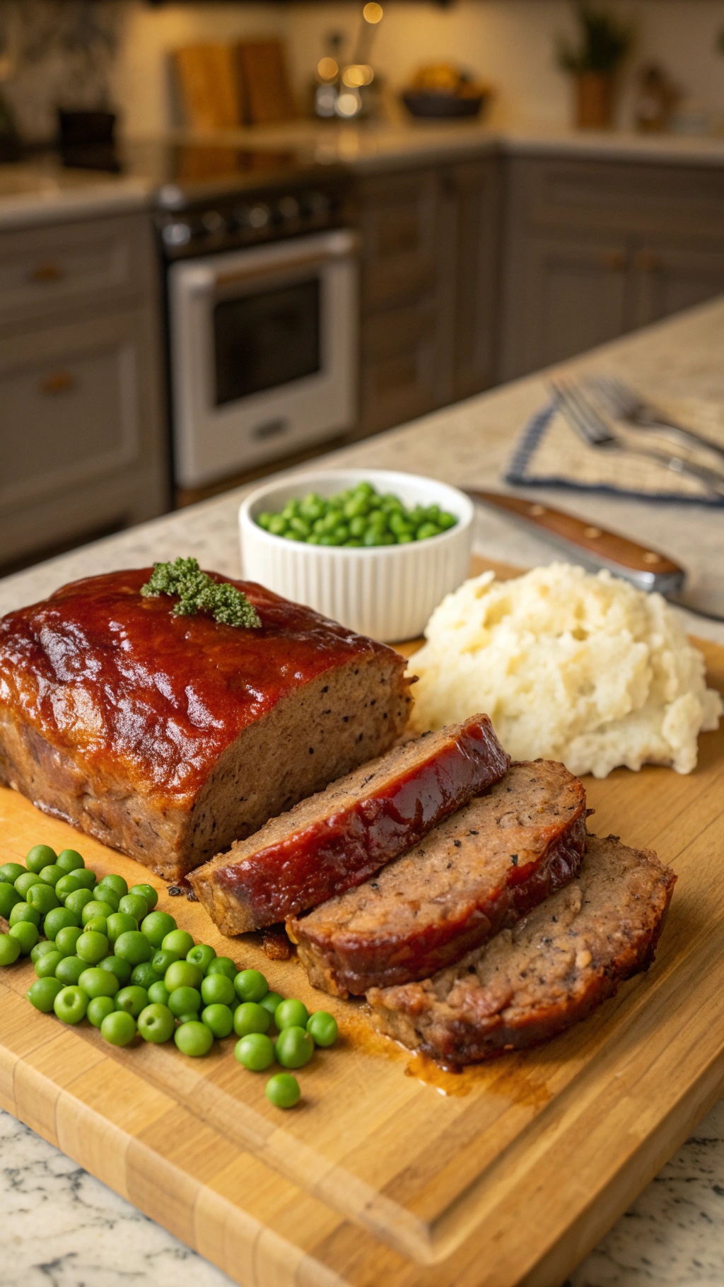 A delicious protein-rich meatloaf served with mashed potatoes and peas on a wooden cutting board.