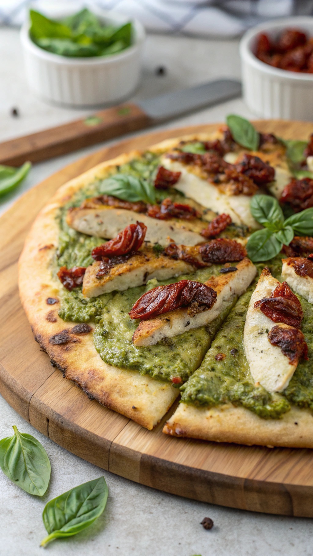 A delicious protein-rich pesto chicken pizza topped with grilled chicken, sun-dried tomatoes, and fresh basil.