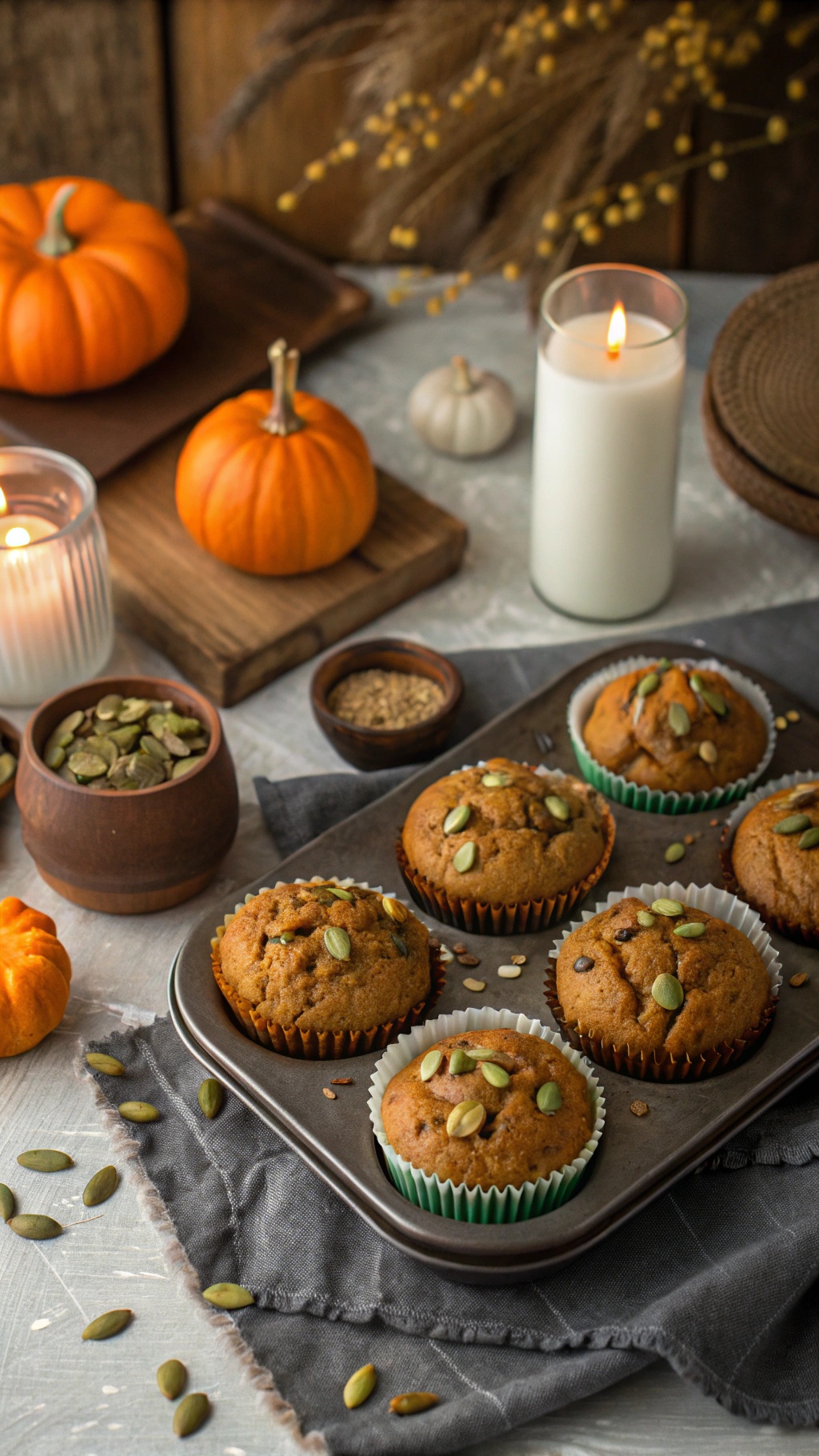 Freshly baked pumpkin spice muffins topped with pumpkin seeds, surrounded by small pumpkins and candles.
