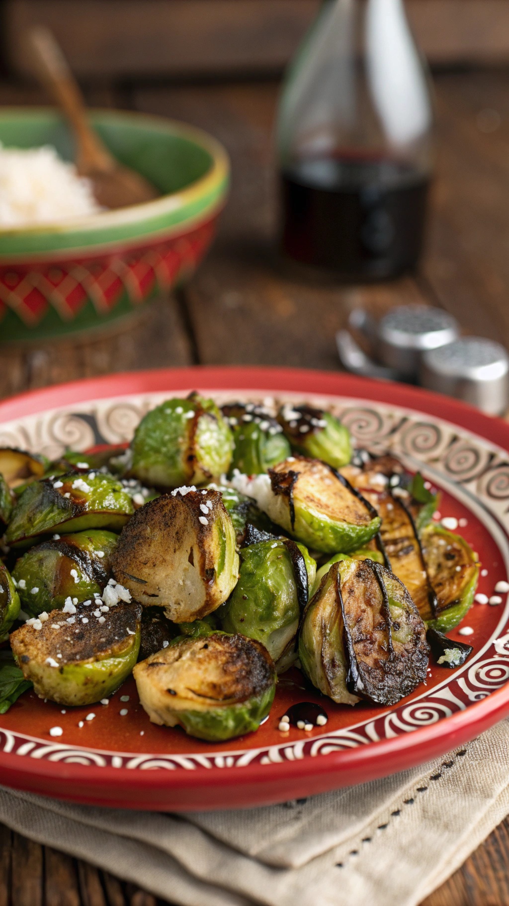 A plate of crispy air fryer Brussels sprouts garnished with cheese and balsamic glaze.
