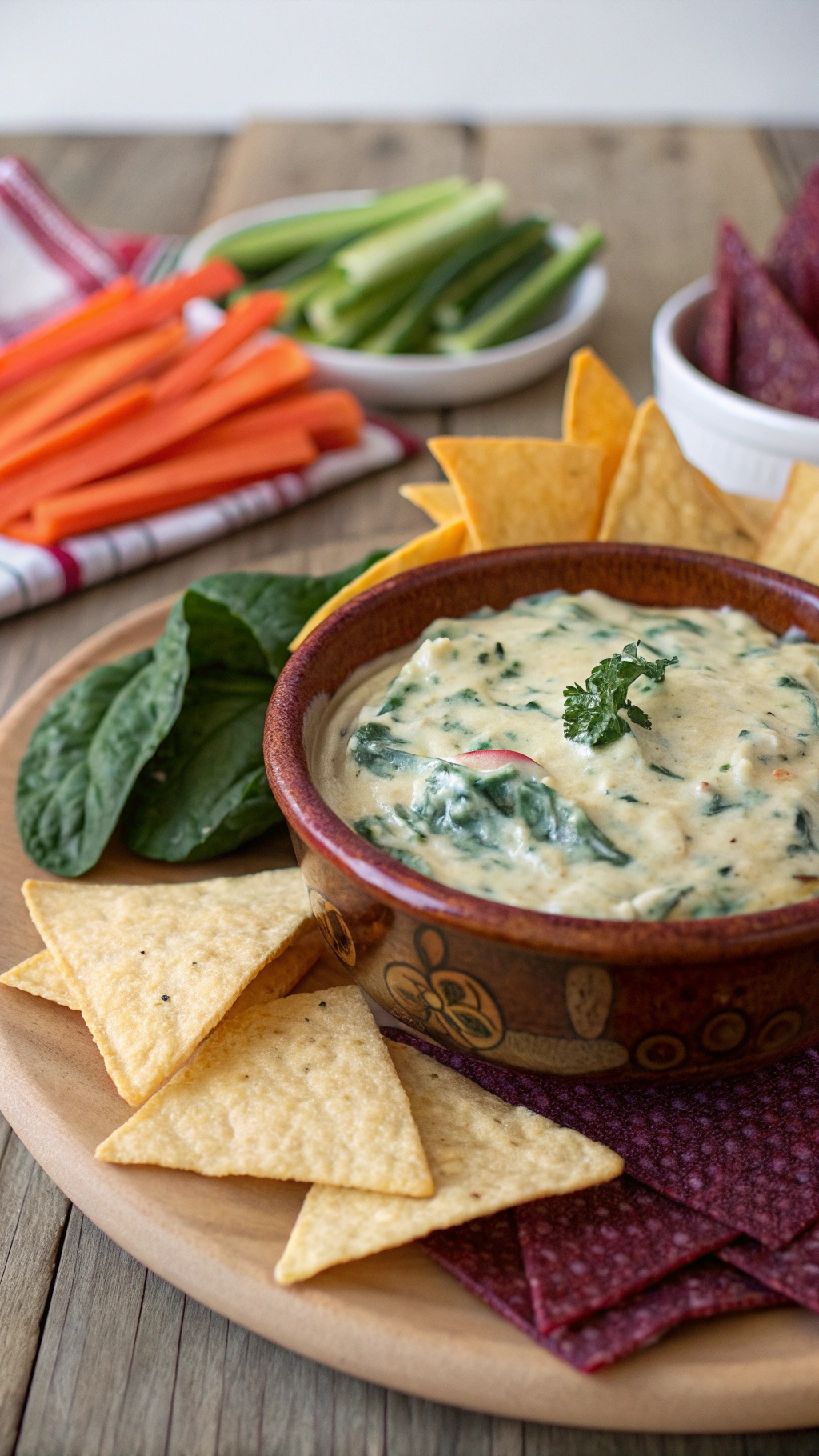 A bowl of spinach and artichoke dip surrounded by tortilla chips and fresh vegetables.