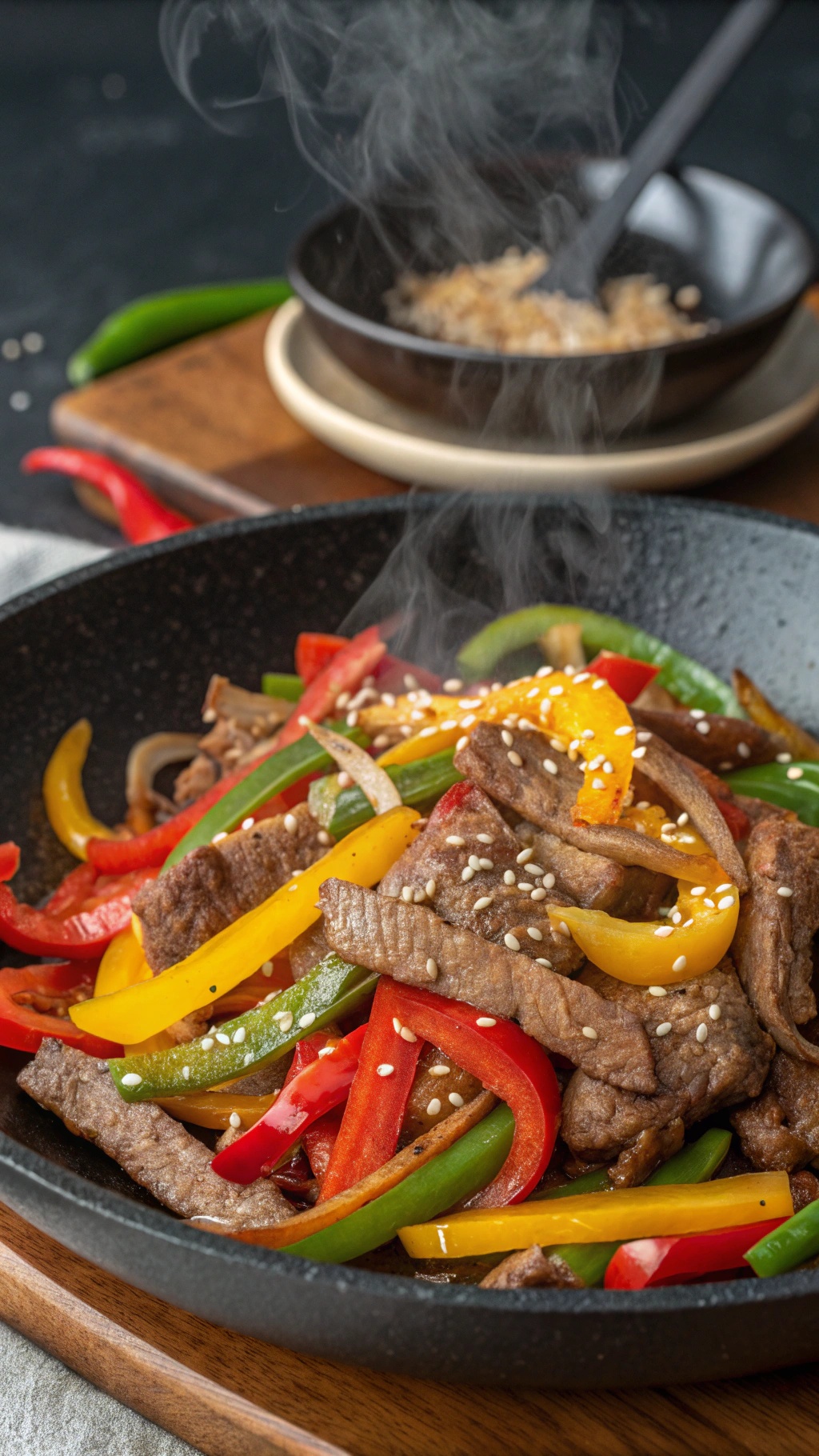 Beef stir-fry with colorful bell peppers and sesame seeds in a skillet.