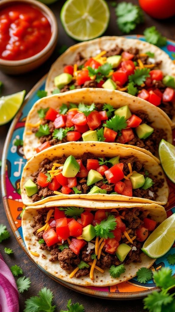 Delicious beef tacos with fresh toppings on a colorful plate