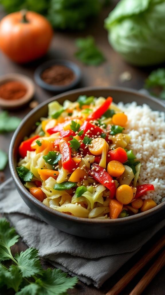 A colorful bowl of cabbage stir-fry with rice, featuring vibrant vegetables like bell peppers and carrots.