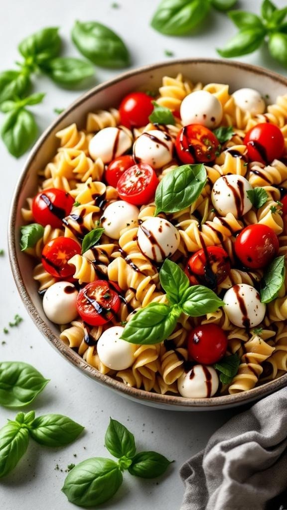 A bowl of Caprese pasta salad with cherry tomatoes, mozzarella, and basil, drizzled with balsamic glaze.