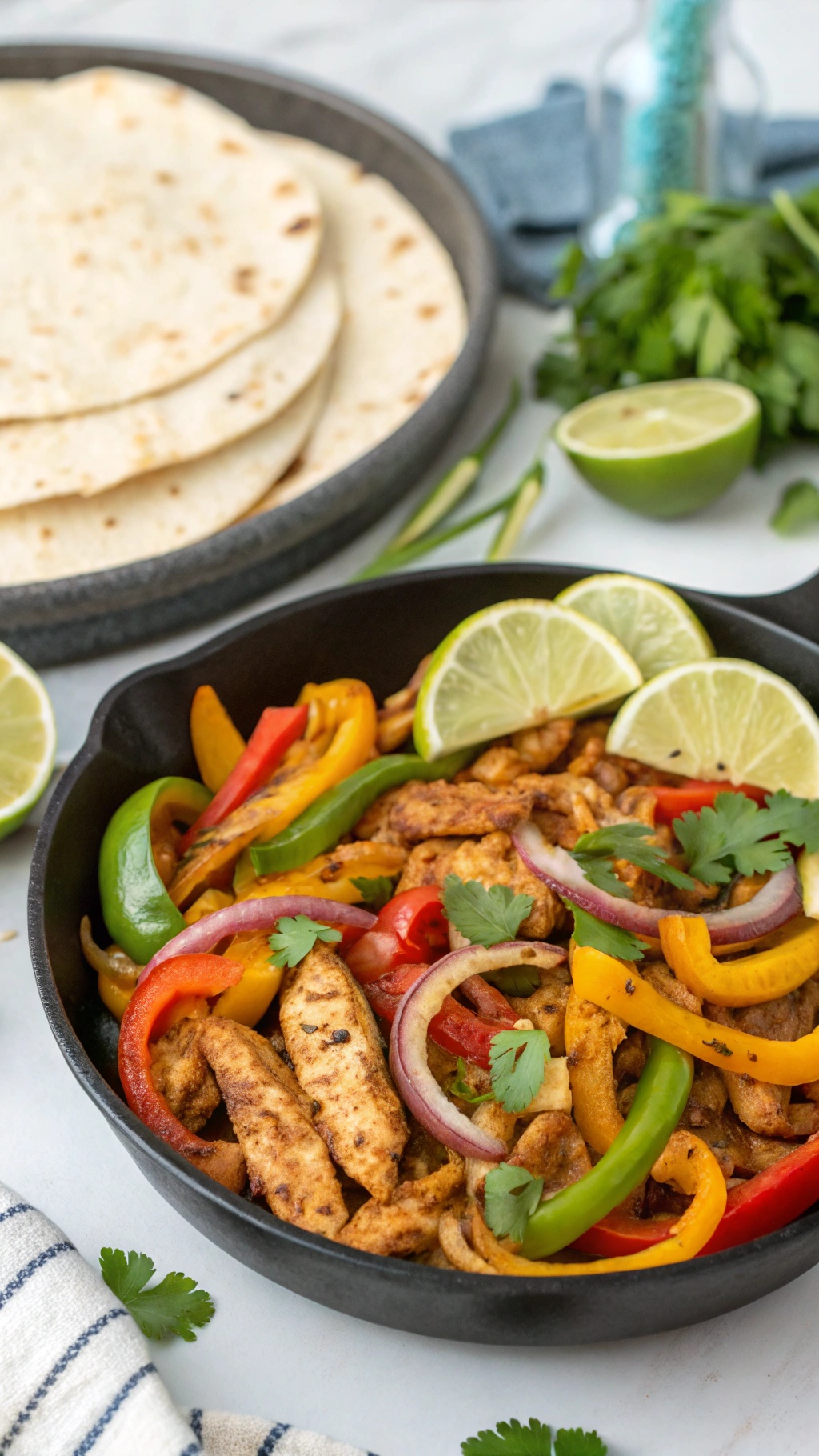 A skillet filled with chicken fajitas, colorful bell peppers, lime wedges, and fresh cilantro, with tortillas in the background.