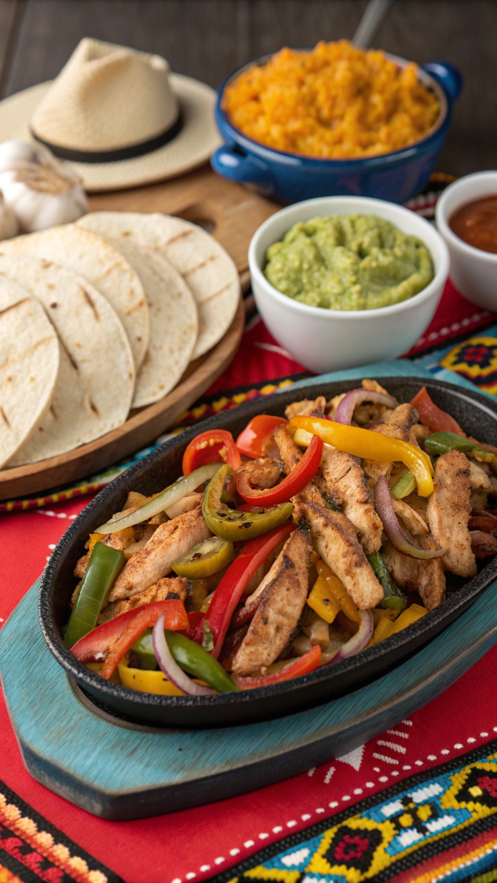 A colorful platter of chicken fajitas with sliced bell peppers and onions, served with tortillas and sides of guacamole and salsa.
