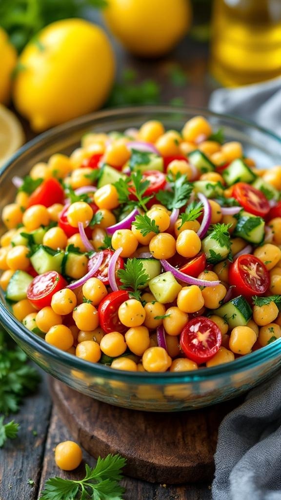 A colorful chickpea salad with tomatoes, cucumbers, and cilantro in a glass bowl.