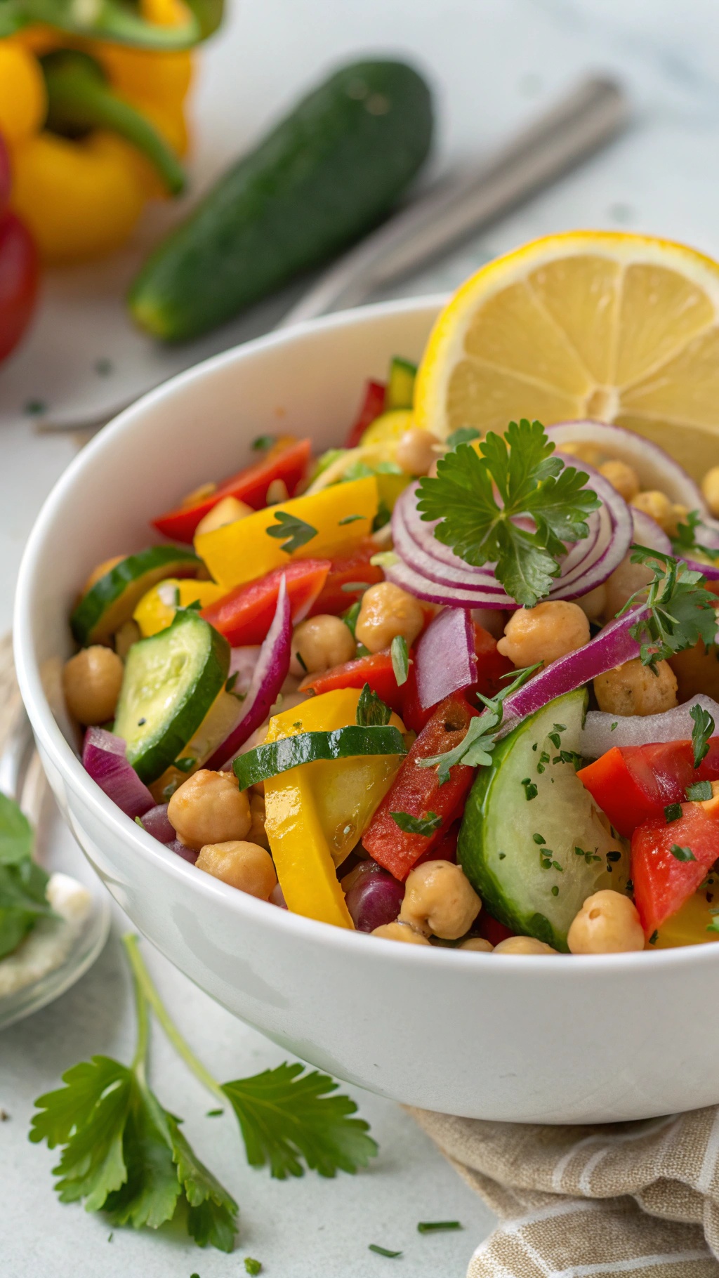 A colorful chickpea salad with bell peppers, cucumbers, and red onions in a white bowl, garnished with lemon and parsley.