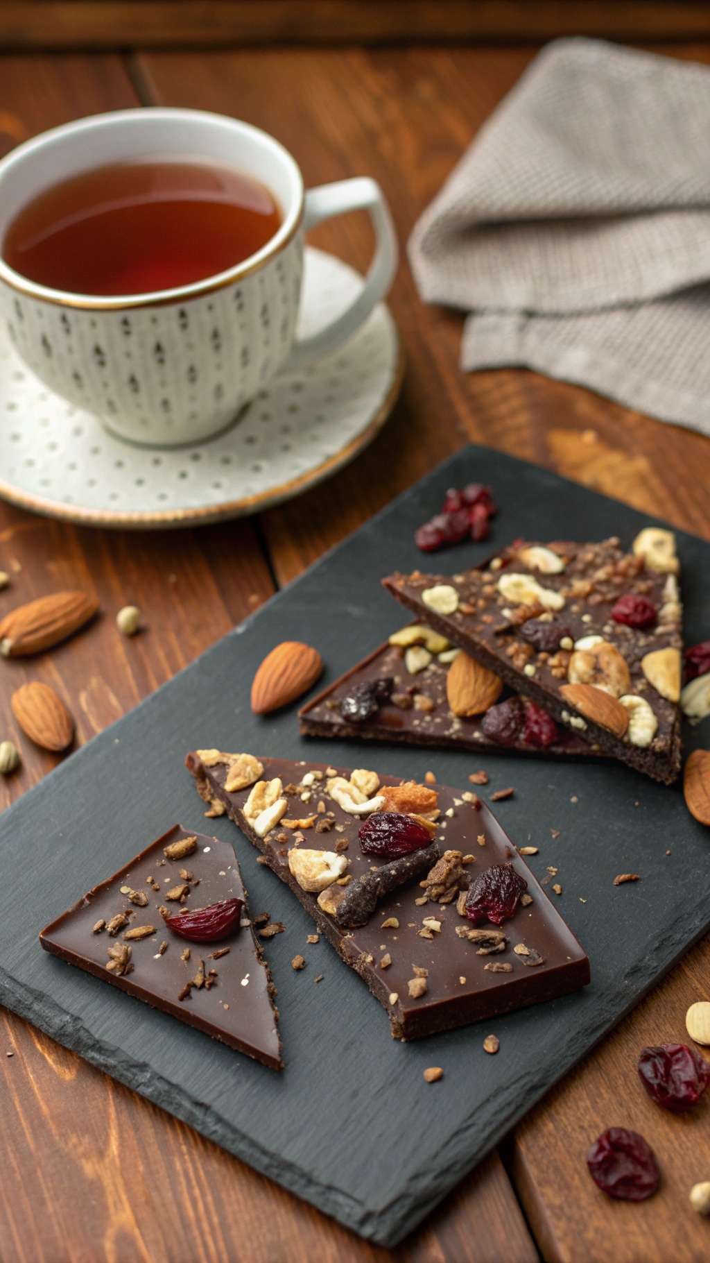 A plate of chocolate bark topped with nuts and dried fruits, alongside a cup of tea.