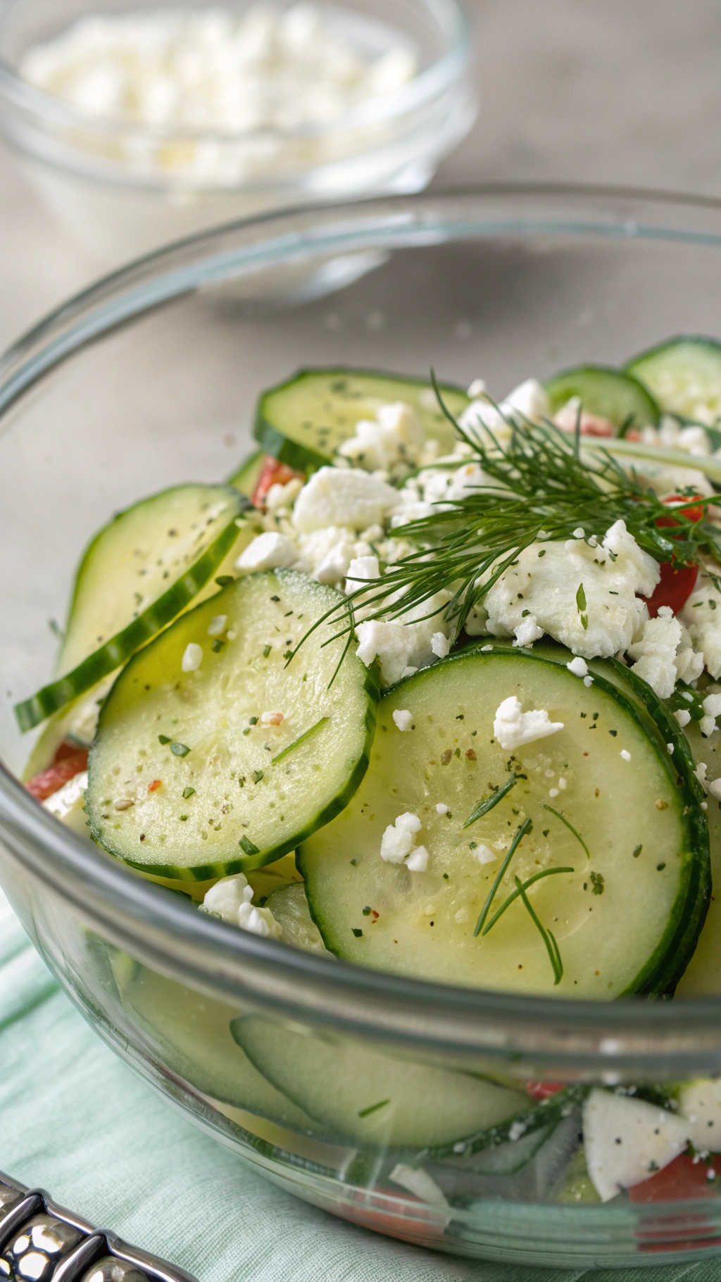 A bowl of cucumber salad with feta cheese and dill, showcasing fresh ingredients.