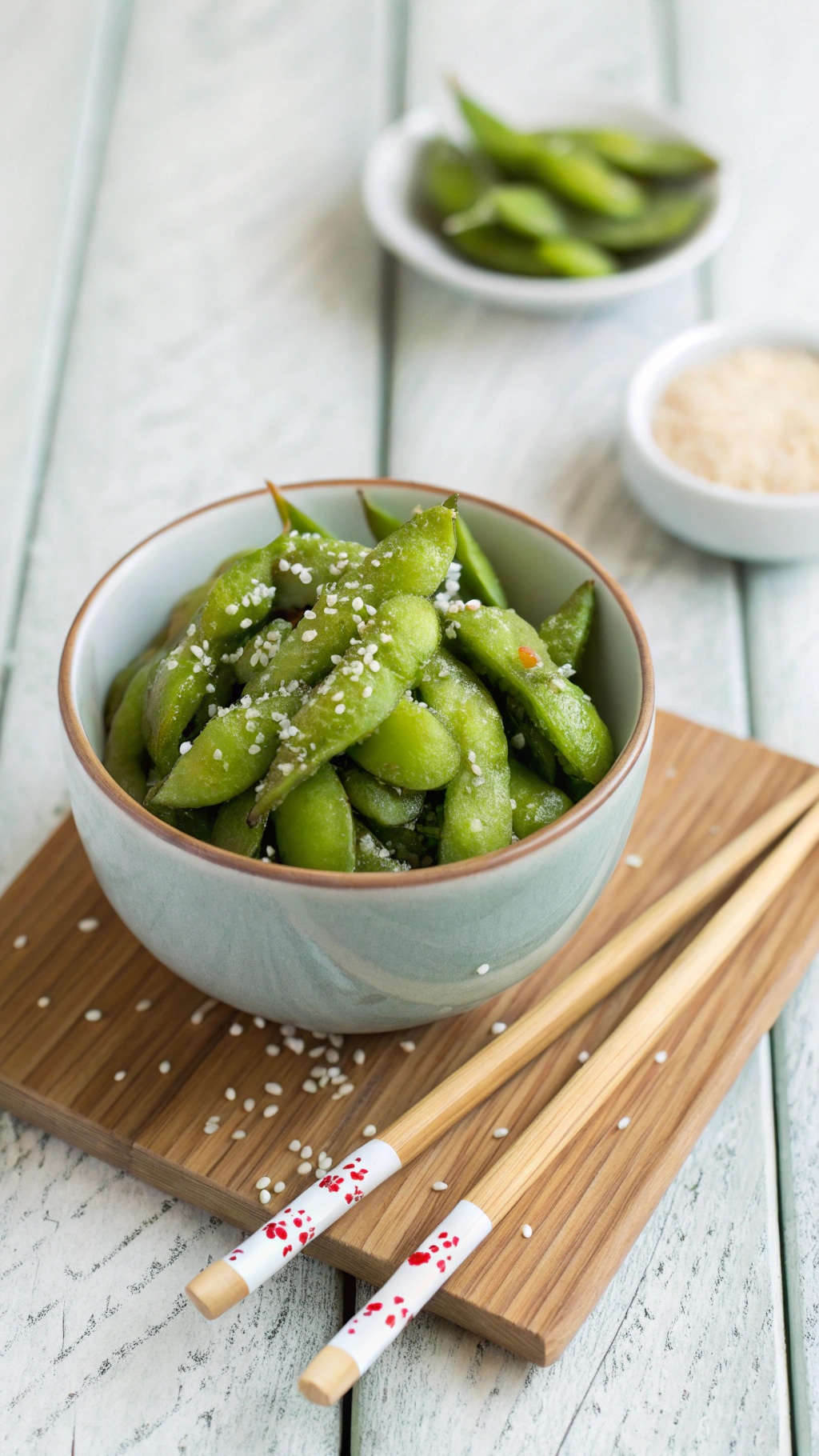 A bowl of edamame sprinkled with sesame seeds, chopsticks resting beside it.
