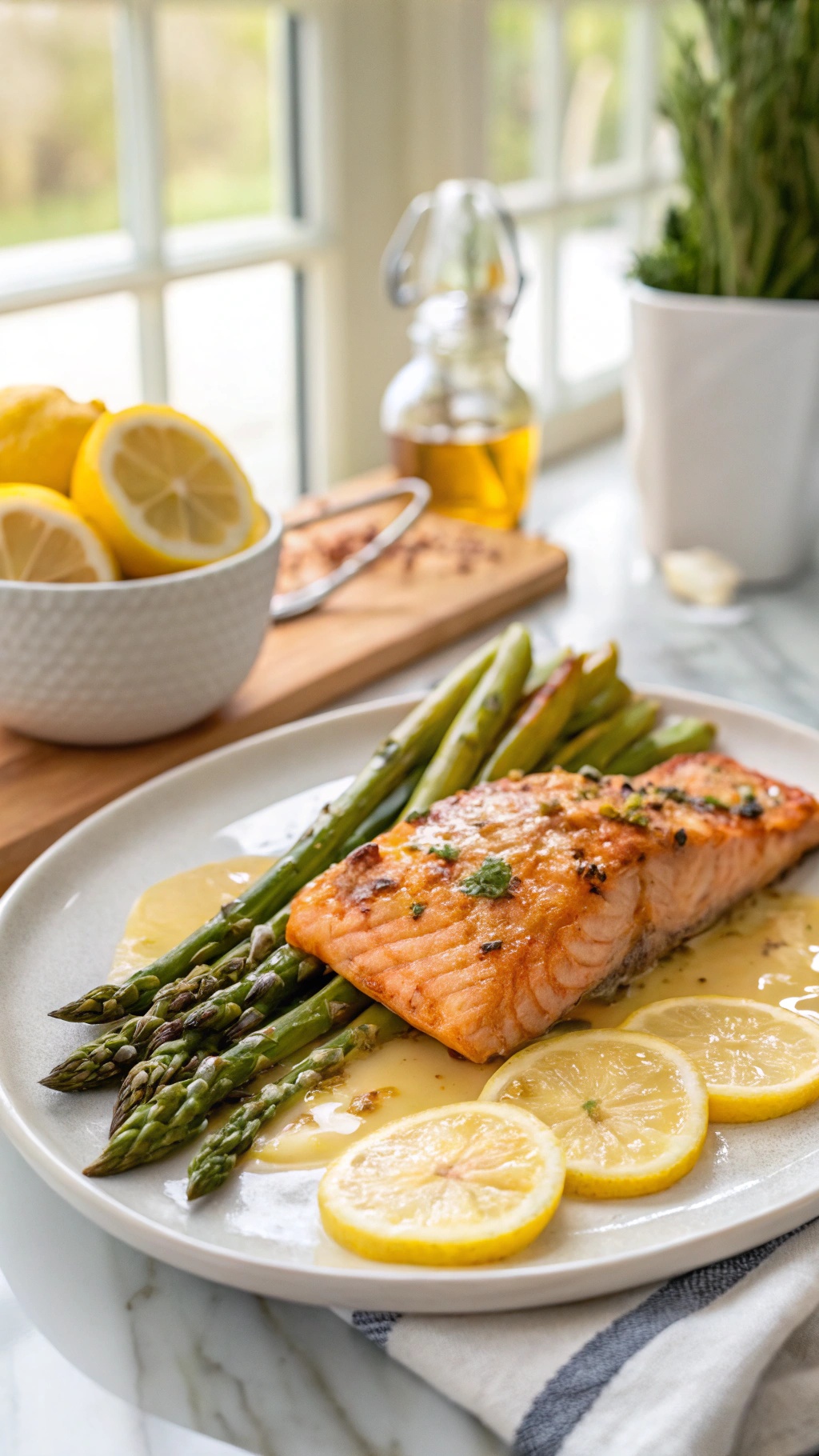 A plate of lemon garlic salmon with asparagus and lemon slices