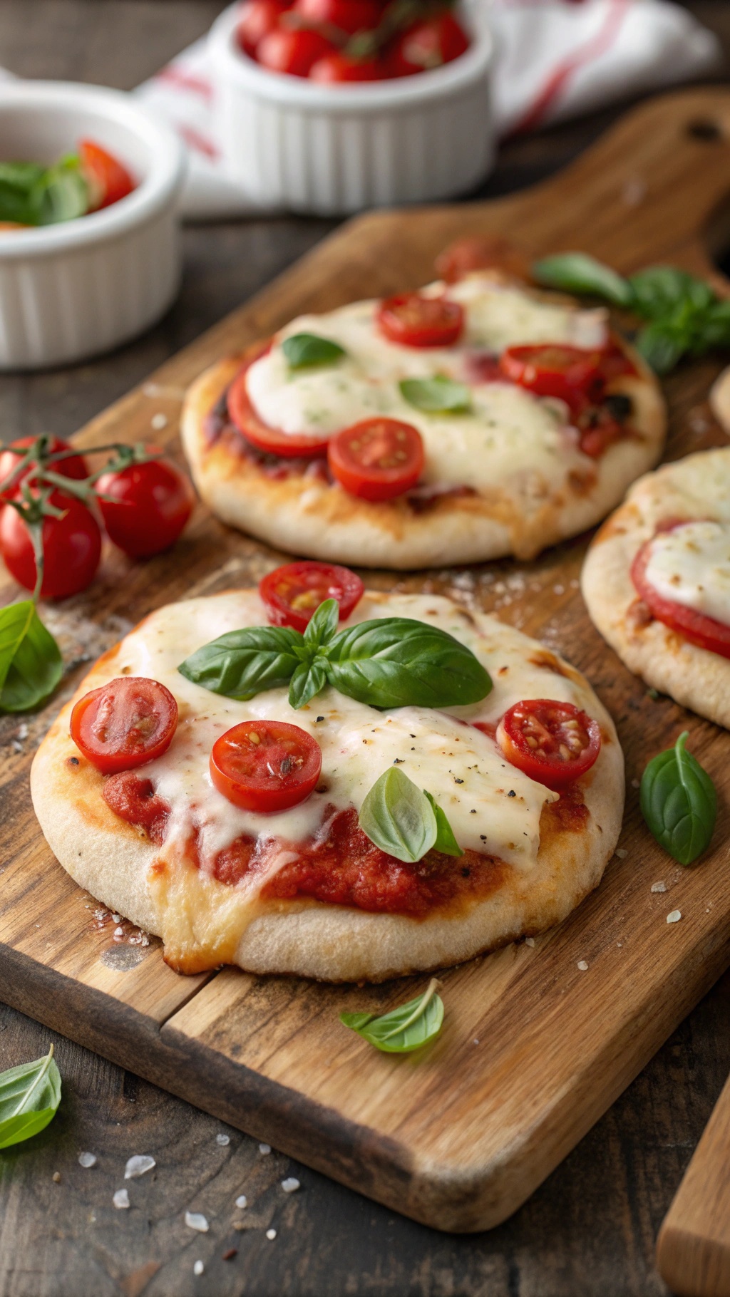 Mini Margherita pizzas with cherry tomatoes and basil on a wooden board