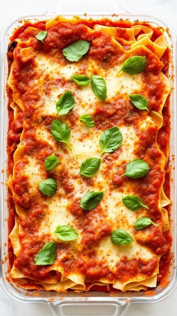 A delicious no-cook lasagna with layers of pasta, marinara sauce, and cheese, garnished with fresh herbs.