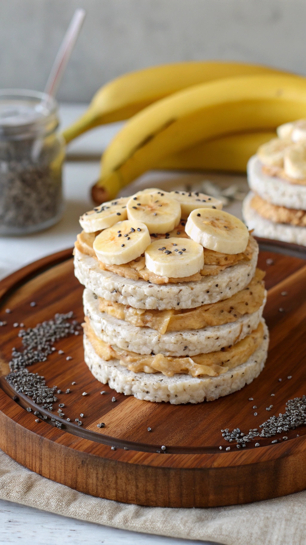 A stack of rice cakes topped with peanut butter and banana slices, sprinkled with chia seeds.