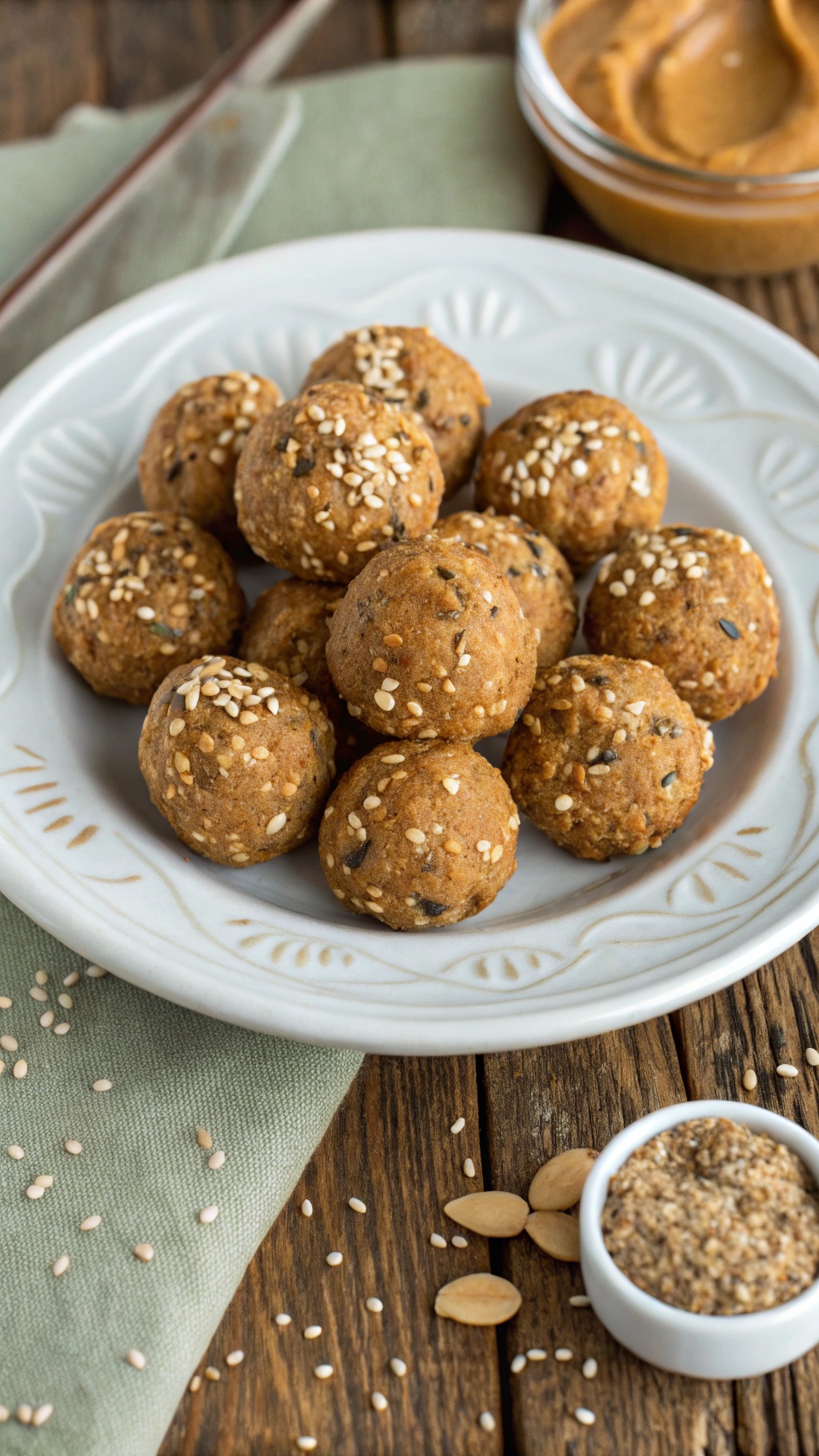 A plate of peanut butter energy bites sprinkled with sesame seeds, with a jar of peanut butter in the background.